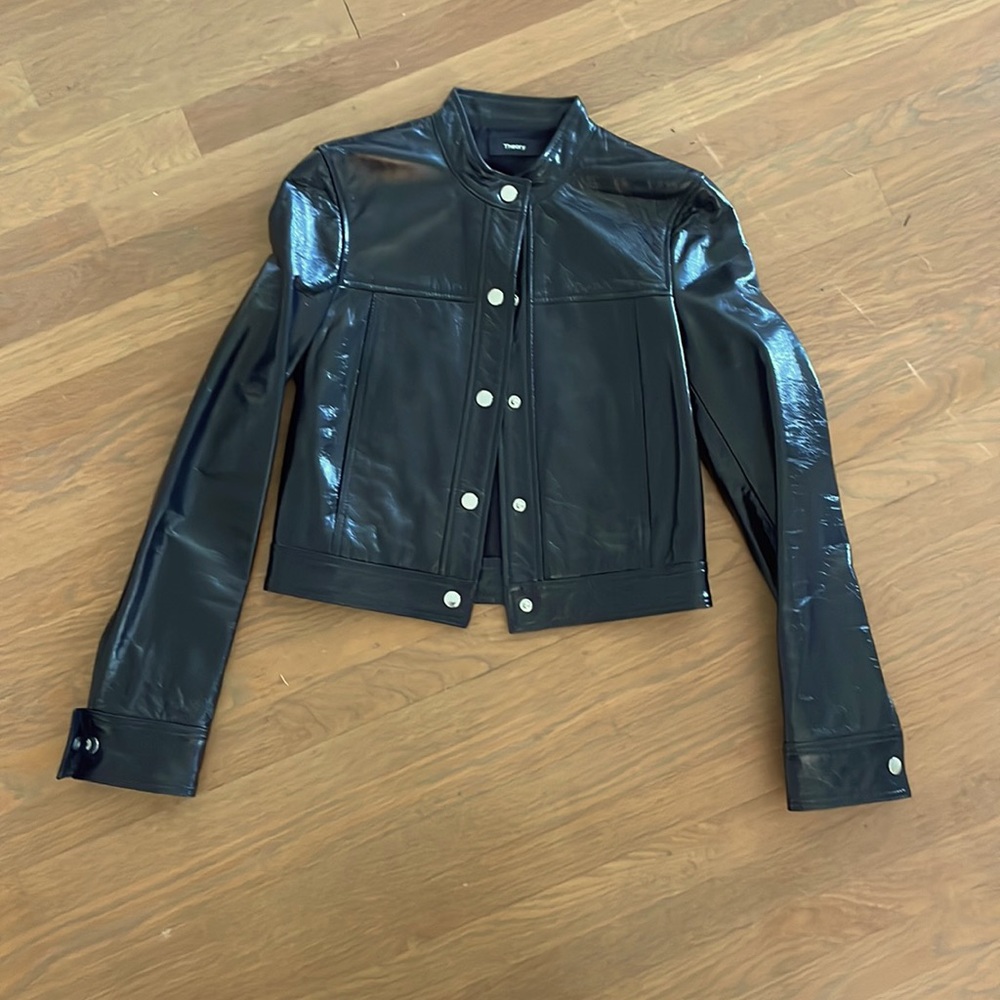 THEORY Mod Bomber Black Patent Leather Jacket - New With Tags